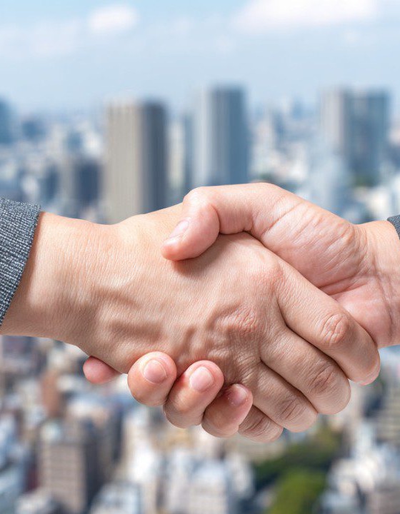 Business handshake in front of a city skyline